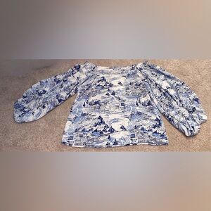 Sugarlips blue and white landscape print blouse. Size S
